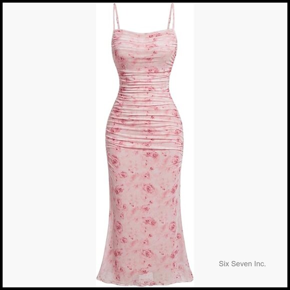 Dresses & Skirts - Floral Spaghetti Strap Midi Dress for Wedding Guest Cocktail Party